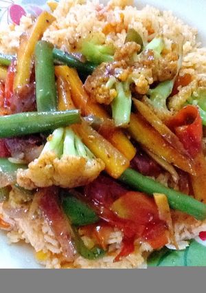 A picture of TOMATOES RICE & SWEET VEGIES.