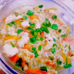 Chicken vegetables noodles with soup A picture of Chicken vegetables noodles with soup.
