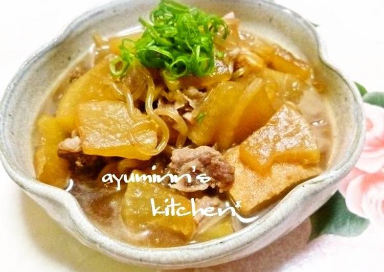 Dinner Ideas Simmered Pork, Daikon Radish, Konnyaku Noodles, and Atsuage