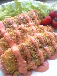 A picture of Sesame Fried Chicken Tenders with Special Cheese Sauce.