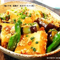 A picture of Soft Simmered Ground Chicken, Atsuage, and Eggplants.