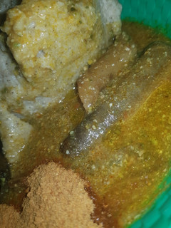A picture of Tuwon gero and dried okoro with pommoh.