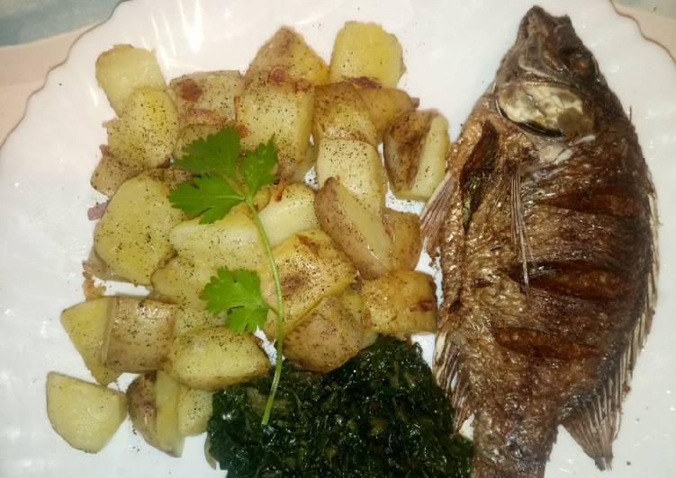 Steps to Make Perfect Onion fried potatoes with fish and greens