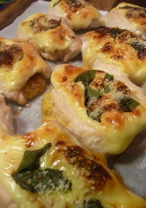 A picture of Panfried Chicken with Cheese and Potatoes.