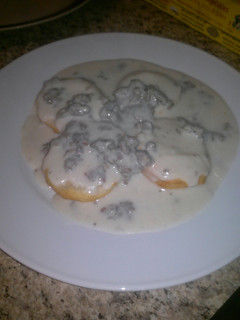 A picture of Sausage biscuit with gravy.