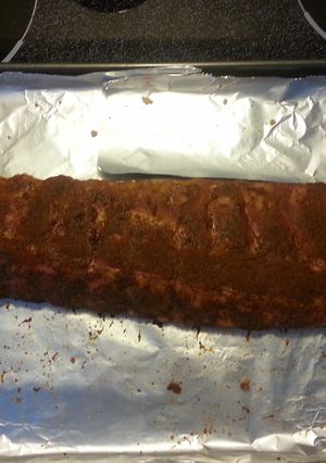 A picture of Pork Ribs with dry rub (oven cooked and grilled).