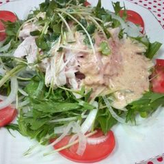 A picture of Chicken Breast and Mizuna Green Salad with Umeboshi, Mayonnaise, and Wasabi.