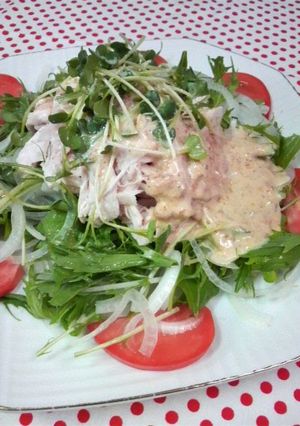 A picture of Chicken Breast and Mizuna Green Salad with Umeboshi, Mayonnaise, and Wasabi.