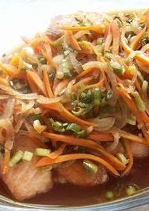 A picture of Chinese-style Roasted Fresh Salmon in Nanban Sauce.