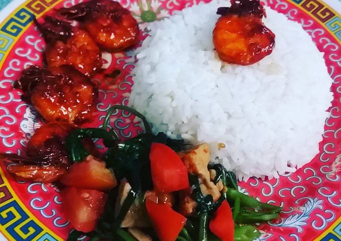 Udang bakar madu pedas masak teflon N cah kangkung saos tiram