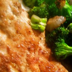 A picture of Chicken Piccata Done Light, with Lightly Fried Broccoli and Fennel.