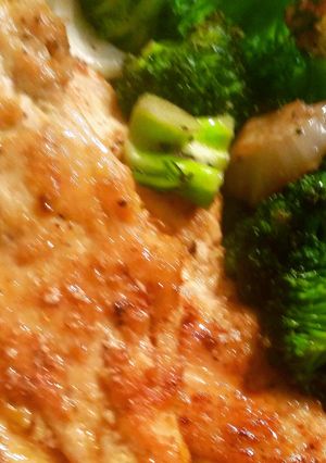 A picture of Chicken Piccata Done Light, with Lightly Fried Broccoli and Fennel.