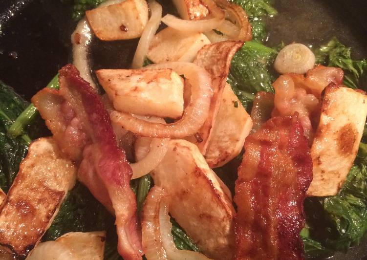 Sautéed Turnip Greens with Crispy Bacon and Turnip Bottoms