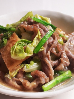 A picture of Stir-Fried Spring Cabbage, Thinly Sliced Pork, and Fried Tofu with Miso.