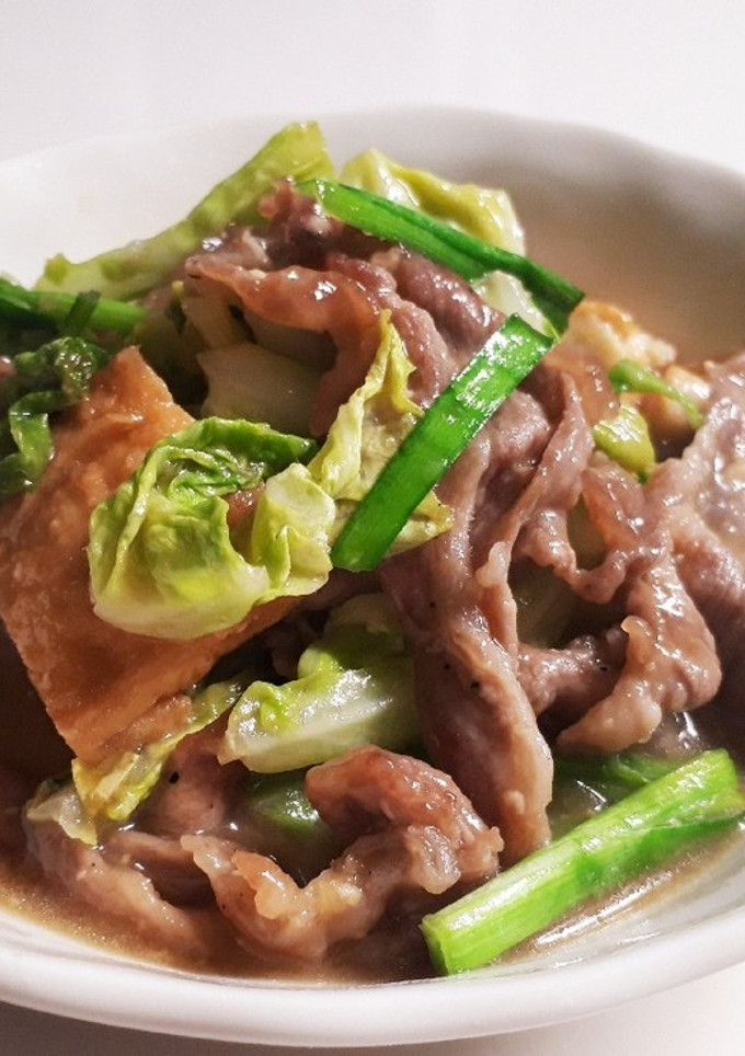 A picture of Stir-Fried Spring Cabbage, Thinly Sliced Pork, and Fried Tofu with Miso.