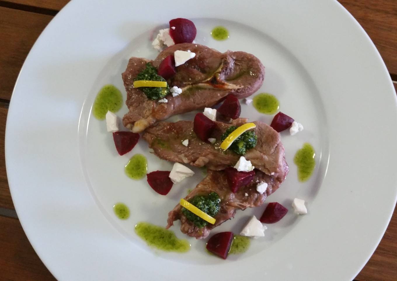 Creamy pesto with feta Ö‡ beetroot + lamb
