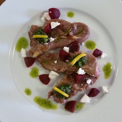 A picture of BAKED FETTA and BEETROOTS + PESTO OIL with LAMB CHOPS.