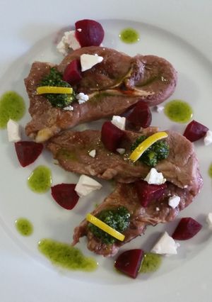A picture of BAKED FETTA and BEETROOTS + PESTO OIL with LAMB CHOPS.