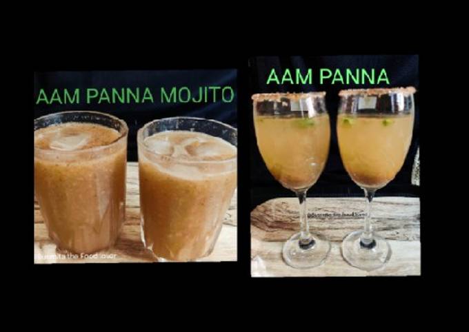 Aam panna base mix, aam panna chilled drink and aam panna mojito
