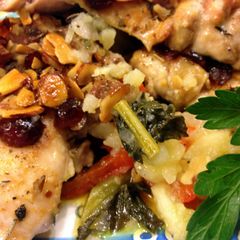 A picture of Dutch oven one pot (Chicken and veggies).