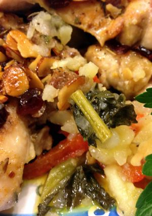 A picture of Dutch oven one pot (Chicken and veggies).