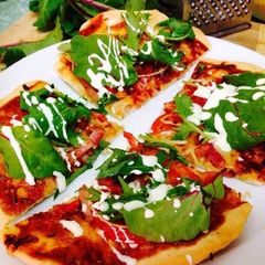 Cheese & Bacon Pizza with Leafy Greens A picture of Cheese & Bacon Pizza with Leafy Greens.