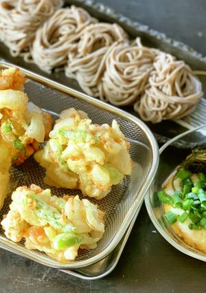 A picture of Spring Onion and Green Bean Tempura Fritters.