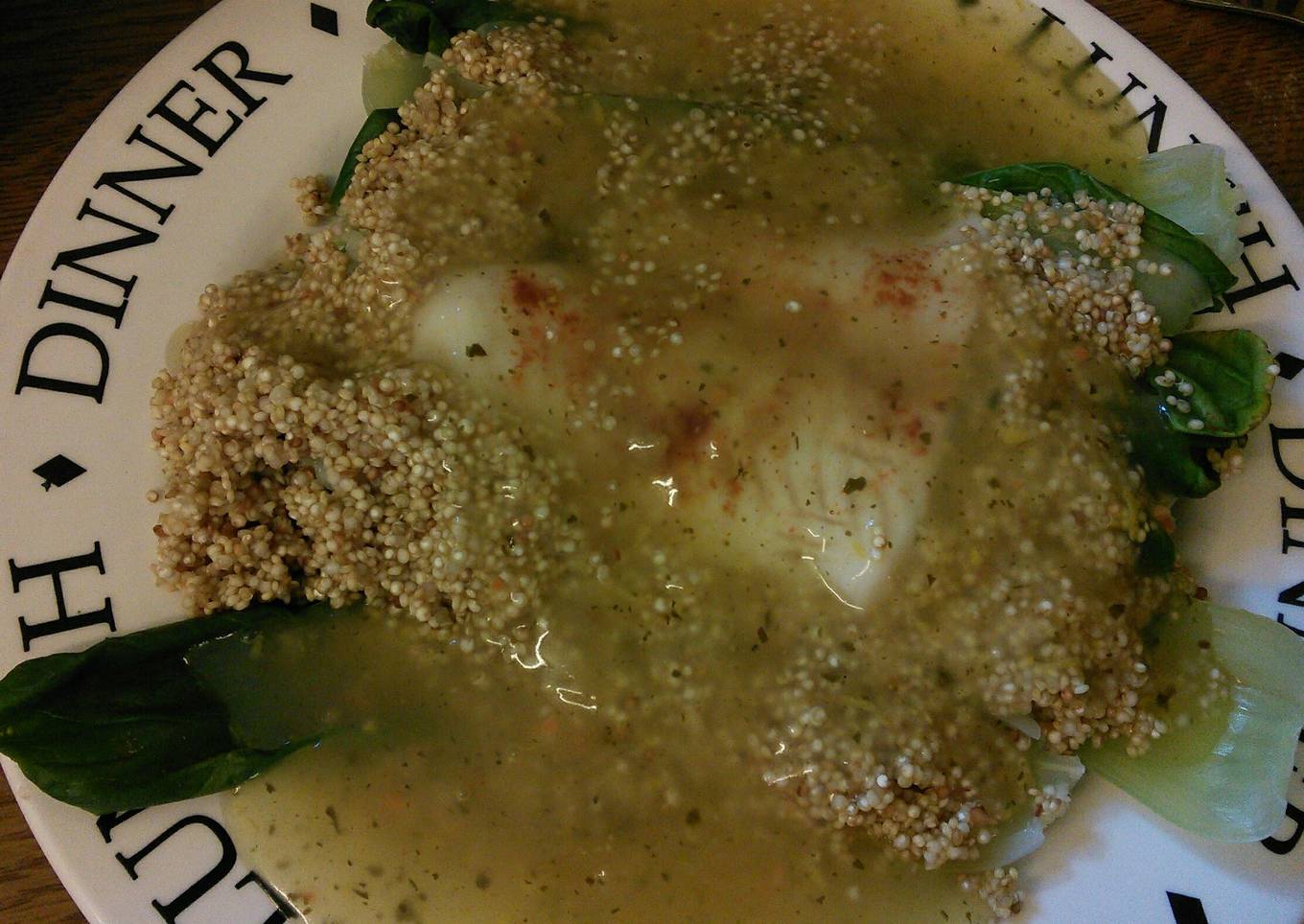 Sea bass on a bed of pak Choy & quinoa with lemon sauce 420 calories