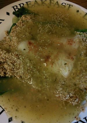 A picture of Sea bass on a bed of pak Choy & quinoa with lemon sauce 420 calories.