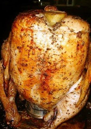 A picture of Beer Can Chicken.