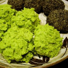 Vibrant Green Creamy Zunda Edamame Mochi (Ohagi) A picture of Vibrant Green Creamy Zunda Edamame Mochi (Ohagi).