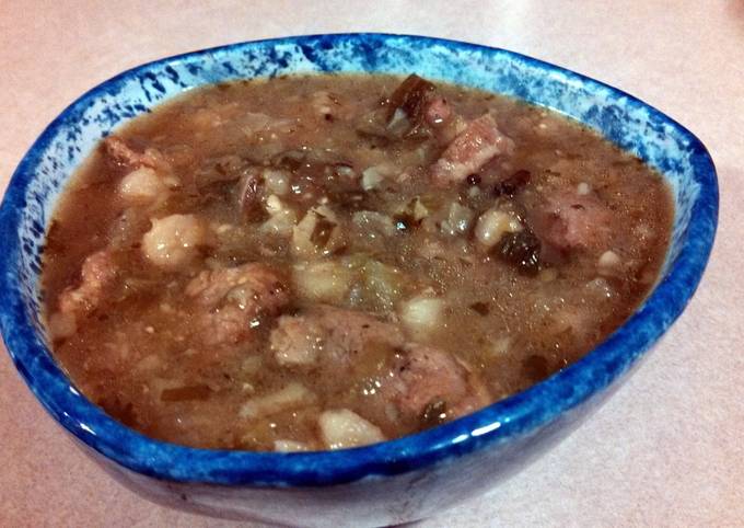 Tomatillo Chili with Pork and Hominy