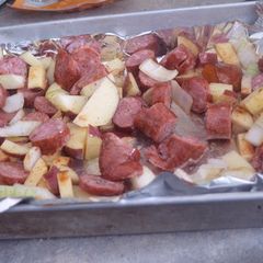A picture of Oven Roasted Smoked Sausage and Potatoes.