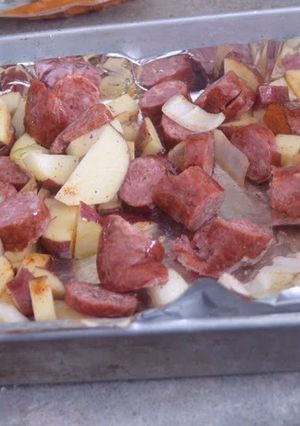 A picture of Oven Roasted Smoked Sausage and Potatoes.