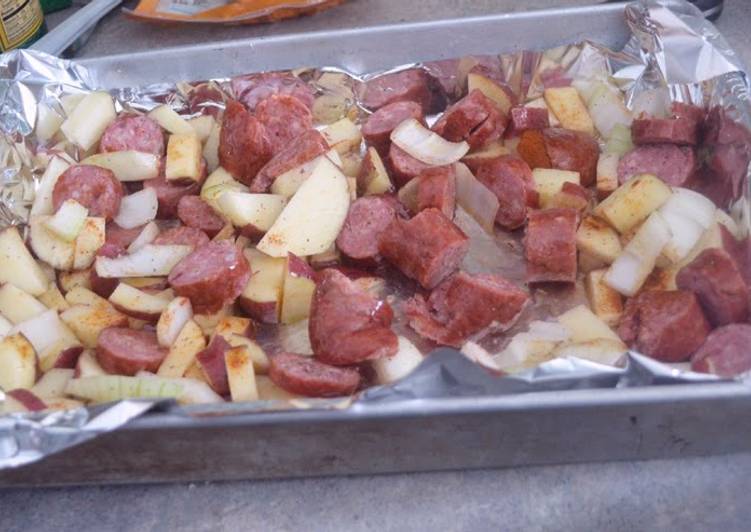 Steps to Make Speedy Oven Roasted Smoked Sausage and Potatoes