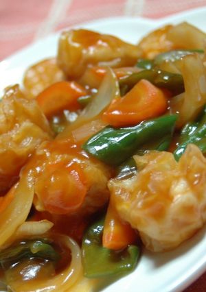 A picture of Sweet and Sour Pork-Style with Store-Bought Shumai.