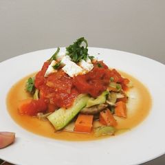 A picture of Zucchini Pasta with sweet potato and mushrooms.