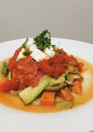 A picture of Zucchini Pasta with sweet potato and mushrooms.
