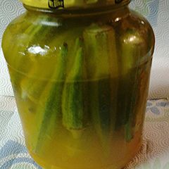 A picture of Pickled okra, Refrigerator pickled okra.
