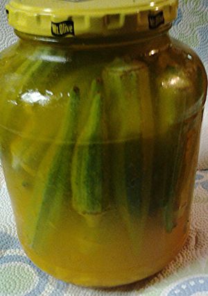 A picture of Pickled okra, Refrigerator pickled okra.