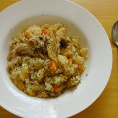 Butter Soy Sauce Pilaf with Roast Chicken and Shimeji Mushrooms A picture of Butter Soy Sauce Pilaf with Roast Chicken and Shimeji Mushrooms.