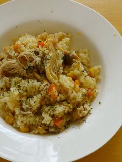 A picture of Butter Soy Sauce Pilaf with Roast Chicken and Shimeji Mushrooms.