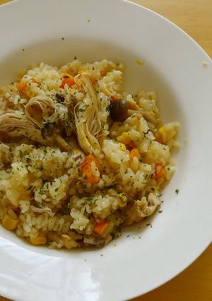 A picture of Butter Soy Sauce Pilaf with Roast Chicken and Shimeji Mushrooms.