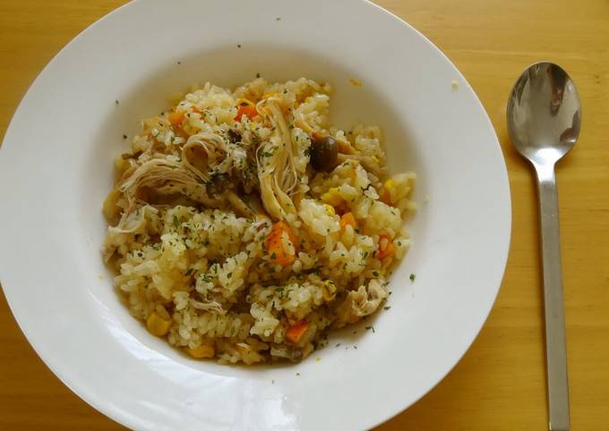 Butter Soy Sauce Pilaf with Roast Chicken and Shimeji Mushrooms
