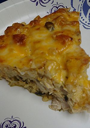 A picture of Cheesy cauliflower and chicken casserole.