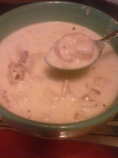 A picture of Kayla's shrimp and clam chowder.