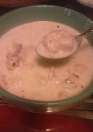 A picture of Kayla's shrimp and clam chowder.