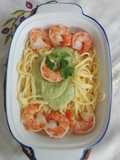 Spaghetti con salsa de calabacín y langostinos (sin gluten)