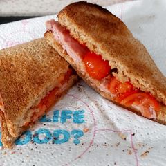 A picture of My Grilled Chopped Pork on Wholemeal Bread Toasted with Tomato.