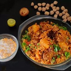 A picture of Soya chunks, potato biryani.
